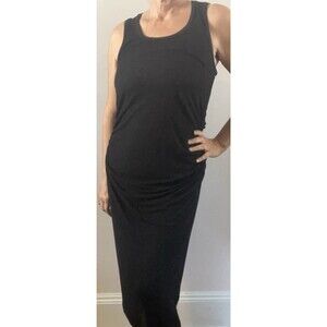 James Perse Sz 3 Black Ruched Ribbed Tank Midi Dress Sleeveless Stretch Bodycon